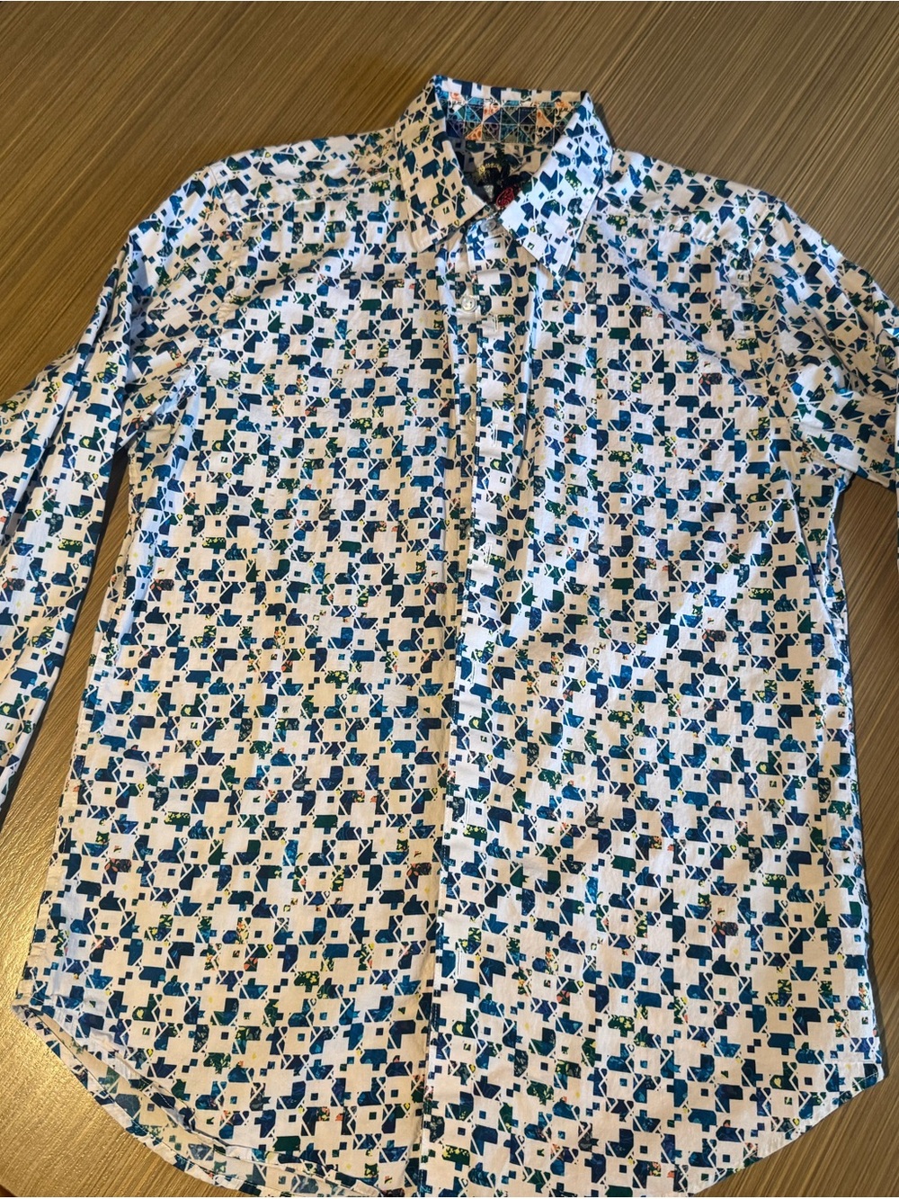 Robert Graham White Shirt with Blue & Green Geometric Print